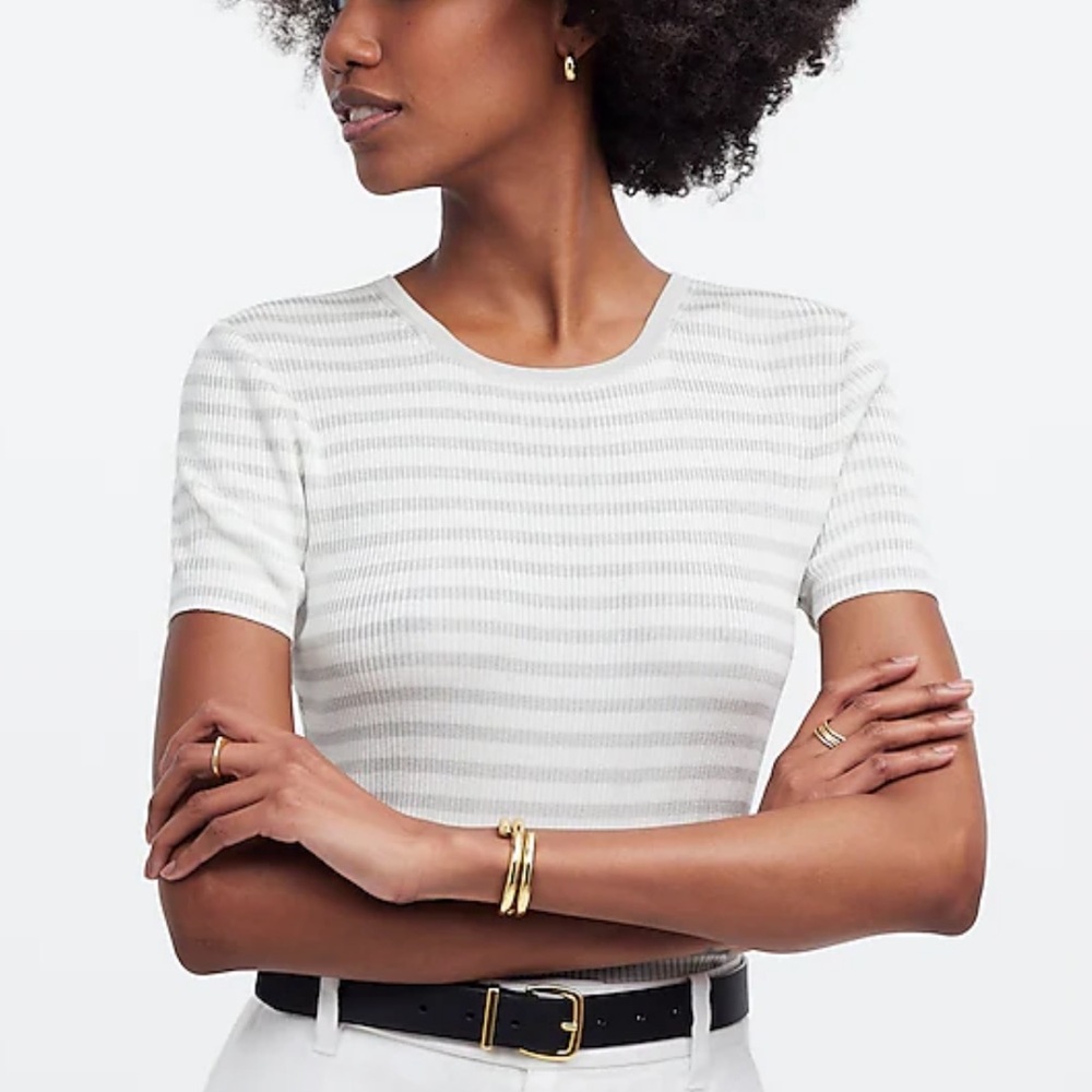 Madewell White and Gray Striped Short Sleeve Tee